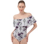 Elegant Purple Floral Jacquard Mesh Lace Fabric Off Shoulder Velour Bodysuit 