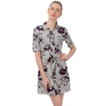 Elegant Purple Floral Jacquard Mesh Lace Fabric Belted Shirt Dress