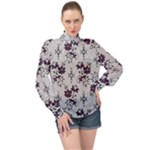 Elegant Purple Floral Jacquard Mesh Lace Fabric High Neck Long Sleeve Chiffon Top