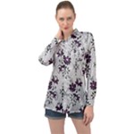 Elegant Purple Floral Jacquard Mesh Lace Fabric Long Sleeve Satin Shirt