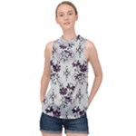 Elegant Purple Floral Jacquard Mesh Lace Fabric High Neck Satin Top