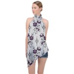 Elegant Purple Floral Jacquard Mesh Lace Fabric Halter Asymmetric Satin Top