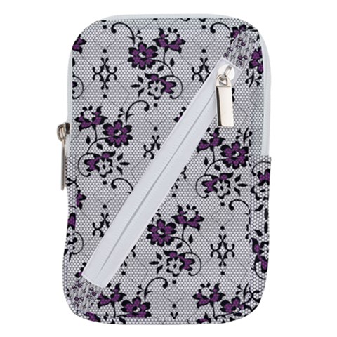 Elegant Purple Floral Jacquard Mesh Lace Fabric Belt Pouch Bag (Large) from ArtsNow.com