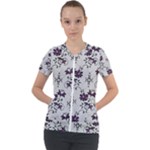 Elegant Purple Floral Jacquard Mesh Lace Fabric Short Sleeve Zip Up Jacket