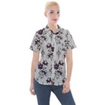 Elegant Purple Floral Jacquard Mesh Lace Fabric Women s Short Sleeve Pocket Shirt