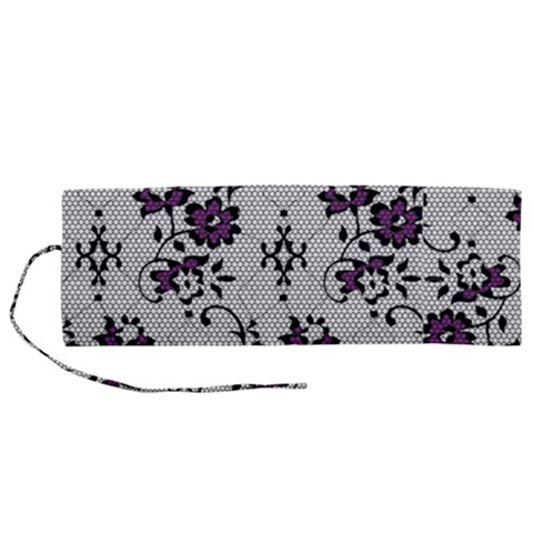 Elegant Purple Floral Jacquard Mesh Lace Fabric Roll Up Canvas Pencil Holder (M) from ArtsNow.com