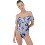 Elegant Purple Floral Jacquard Mesh Lace Fabric Frill Detail One Piece Swimsuit