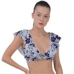 Elegant Purple Floral Jacquard Mesh Lace Fabric Plunge Frill Sleeve Bikini Top