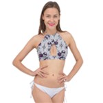 Elegant Purple Floral Jacquard Mesh Lace Fabric Cross Front Halter Bikini Top