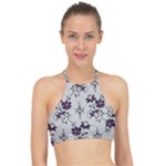 Elegant Purple Floral Jacquard Mesh Lace Fabric Halter Bikini Top