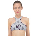 Elegant Purple Floral Jacquard Mesh Lace Fabric High Neck Bikini Top