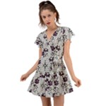 Elegant Purple Floral Jacquard Mesh Lace Fabric Flutter Sleeve Wrap Dress