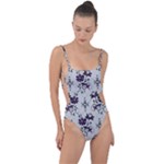 Elegant Purple Floral Jacquard Mesh Lace Fabric Tie Strap One Piece Swimsuit