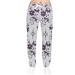 Elegant Purple Floral Jacquard Mesh Lace Fabric Women Velvet Drawstring Pants