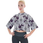 Elegant Purple Floral Jacquard Mesh Lace Fabric Mock Neck T-Shirt