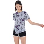 Elegant Purple Floral Jacquard Mesh Lace Fabric Asymmetrical Short Sleeve Sports T-Shirt