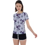 Elegant Purple Floral Jacquard Mesh Lace Fabric Back Circle Cutout Sports T-Shirt