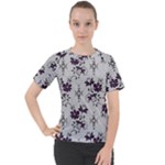 Elegant Purple Floral Jacquard Mesh Lace Fabric Women s Sport Raglan T-Shirt