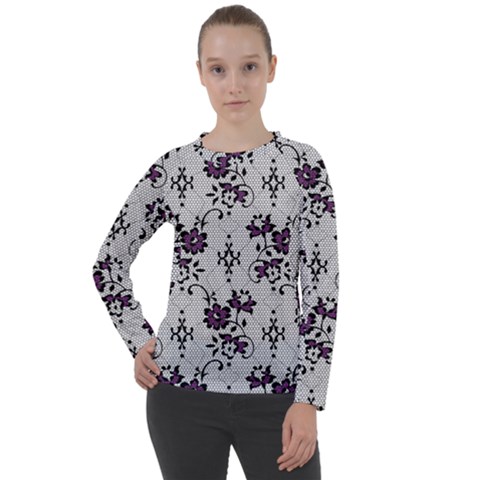 Elegant Purple Floral Jacquard Mesh Lace Fabric Women s Long Sleeve Raglan T