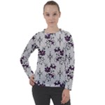 Elegant Purple Floral Jacquard Mesh Lace Fabric Women s Long Sleeve Raglan T-Shirt