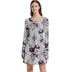 Elegant Purple Floral Jacquard Mesh Lace Fabric Long Sleeve Velour Skater Dress