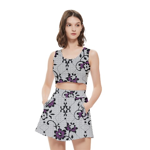 Elegant Purple Floral Jacquard Mesh Lace Fabric Women s Crop Top Pleated Skater Rave Skirt from ArtsNow.com