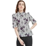 Elegant Purple Floral Jacquard Mesh Lace Fabric Frill Neck Blouse