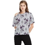 Elegant Purple Floral Jacquard Mesh Lace Fabric One Shoulder Cut Out T-Shirt