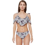 Elegant Purple Floral Jacquard Mesh Lace Fabric Ruffle Edge Tie Up Bikini Set	