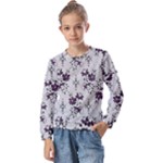 Elegant Purple Floral Jacquard Mesh Lace Fabric Kids  Long Sleeve T-Shirt with Frill 