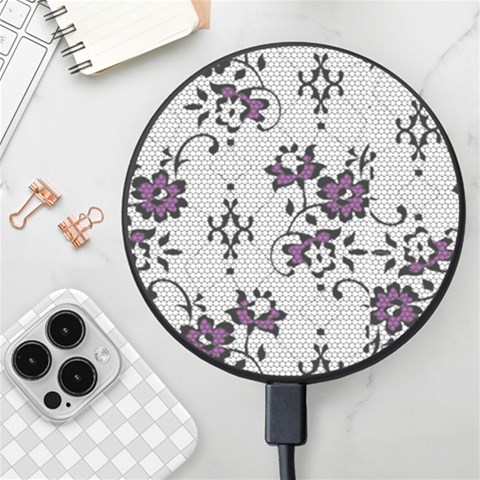 Elegant Purple Floral Jacquard Mesh Lace Fabric Wireless Fast Charger(Black) from ArtsNow.com