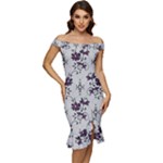 Elegant Purple Floral Jacquard Mesh Lace Fabric Off Shoulder Ruffle Split Hem Bodycon Dress