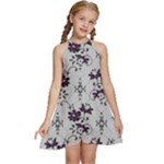 Elegant Purple Floral Jacquard Mesh Lace Fabric Kids  Halter Collar Waist Tie Chiffon Dress