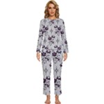 Elegant Purple Floral Jacquard Mesh Lace Fabric Womens  Long Sleeve Lightweight Pajamas Set