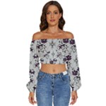 Elegant Purple Floral Jacquard Mesh Lace Fabric Long Sleeve Crinkled Weave Crop Top