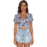 Elegant Purple Floral Jacquard Mesh Lace Fabric V-Neck Crop Top