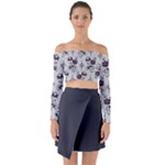 Elegant Purple Floral Jacquard Mesh Lace Fabric Long Sleeve Off Shoulder Crop Top