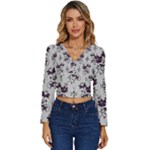 Elegant Purple Floral Jacquard Mesh Lace Fabric Long Sleeve V-Neck Top