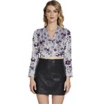 Elegant Purple Floral Jacquard Mesh Lace Fabric Long Sleeve Tie Back Satin Wrap Top