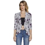 Elegant Purple Floral Jacquard Mesh Lace Fabric Women s 3/4 Sleeve Ruffle Edge Open Front Jacket