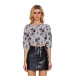 Elegant Purple Floral Jacquard Mesh Lace Fabric Mid Sleeve Drawstring Hem Top