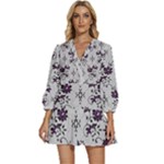 Elegant Purple Floral Jacquard Mesh Lace Fabric V-Neck Placket Mini Dress