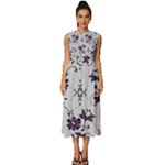 Elegant Purple Floral Jacquard Mesh Lace Fabric Sleeveless Round Neck Midi Dress