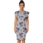 Elegant Purple Floral Jacquard Mesh Lace Fabric Vintage Frill Sleeve V-Neck Bodycon Dress