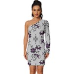 Elegant Purple Floral Jacquard Mesh Lace Fabric Long Sleeve One Shoulder Mini Dress