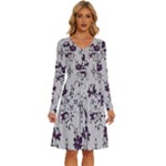 Elegant Purple Floral Jacquard Mesh Lace Fabric Long Sleeve Dress With Pocket