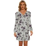 Elegant Purple Floral Jacquard Mesh Lace Fabric Long Sleeve Waist Tie Ruffle Velvet Dress