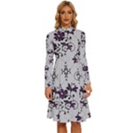 Elegant Purple Floral Jacquard Mesh Lace Fabric Long Sleeve Shirt Collar A-Line Dress