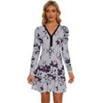 Elegant Purple Floral Jacquard Mesh Lace Fabric Long Sleeve Deep V Mini Dress 