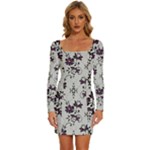 Elegant Purple Floral Jacquard Mesh Lace Fabric Long Sleeve Square Neck Bodycon Velvet Dress